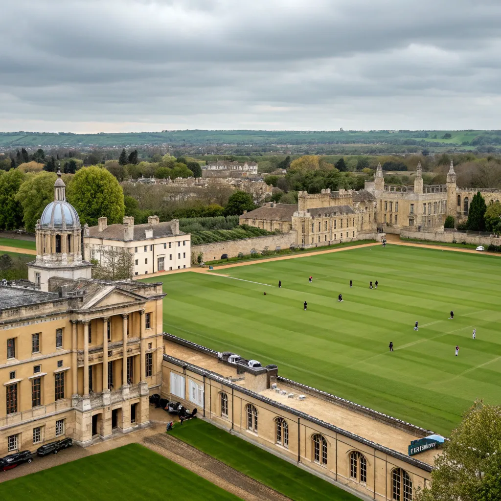 View of Rugby School campus with historical buildings and green fields